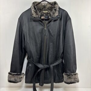 Vtg Y2K Shebang Coat‎ Fur Trim Lined Jacket Waist Belt Black Womens Size M